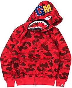 eudolah shark hoodie camo print sweater casual loose jacket for men women zip up 000 red-a,xx-large