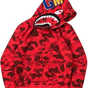 EUDOLAH Shark Hoodie Camo Print Sweater Casual Loose Jacket for Men Women Zip Up 000 Red-a,XX-Large