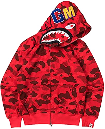 EUDOLAH Shark Hoodie Camo Print Sweater Casual Loose Jacket for Men Women Zip Up 000 Red-a,XX-Large