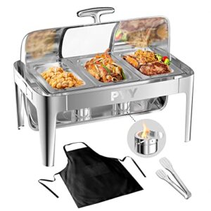 pyy 9 quart roll top chafing dish, rectangular visible stainless steel chafer for catering, commercial chafer for wedding, parties, banquet, events(3 third pans)