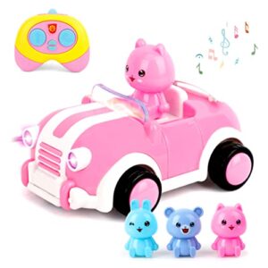 pink cartoon remote control race car with music, lights, and animal gift - ideal electric toy for toddlers, kids, boys, and girls