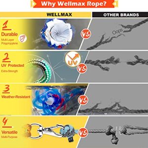 Wellmax Diamond Braided Nylon Rope with Uv Treatment and Weather Resistant, 3 Pack 1/4" x 20/40/80ft Multi-Color and 6 Bonus Quick Links