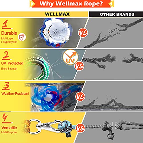 Wellmax Diamond Braided Nylon Rope with Uv Treatment and Weather Resistant, 3 Pack 1/4" x 20/40/80ft Multi-Color and 6 Bonus Quick Links