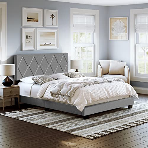 Boyd Sleep Diamond Upholstered Platform Bed Frame with Headboard, Mattress Foundation Required: Linen, Grey, King