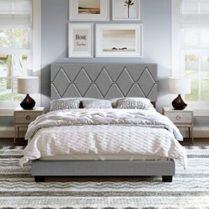 Boyd Sleep Diamond Upholstered Platform Bed Frame with Headboard, Mattress Foundation Required: Linen, Grey, King