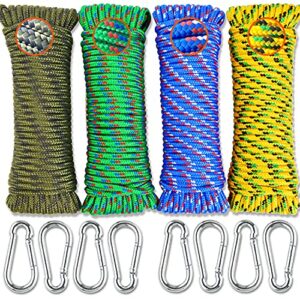 wellmax diamond braided polypropylene rope with uv treatment and weather resistant, 4 pack 3/16 inch x 50ft multi-color and 8 bonus spring links