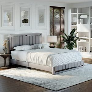 boyd sleep beaumont upholstered platform bed frame with headboard, mattress foundation not required: faux leather, grey, full