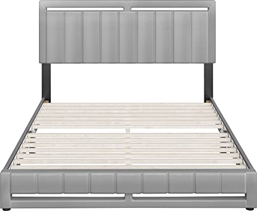 Boyd Sleep Beaumont Upholstered Platform Bed Frame with Headboard, Mattress Foundation NOT Required: Faux Leather, Grey, Full