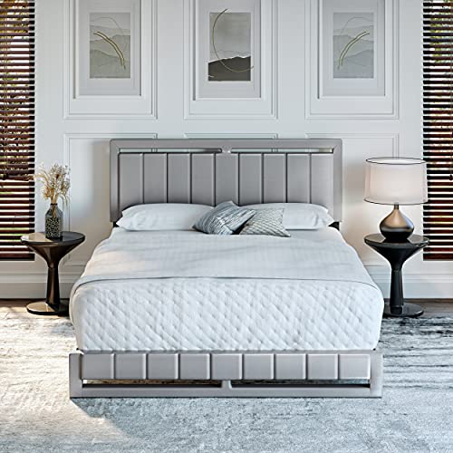 Boyd Sleep Beaumont Upholstered Platform Bed Frame with Headboard, Mattress Foundation NOT Required: Faux Leather, Grey, Full