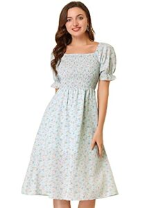 allegra k women's square neck puff sleeves casual midi smocked floral dress x-small blue