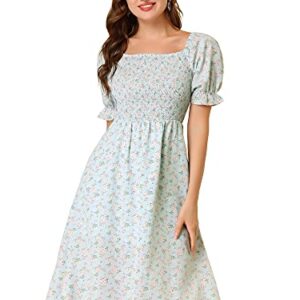 Allegra K Women's Square Neck Puff Sleeves Casual Midi Smocked Floral Dress X-Small Blue