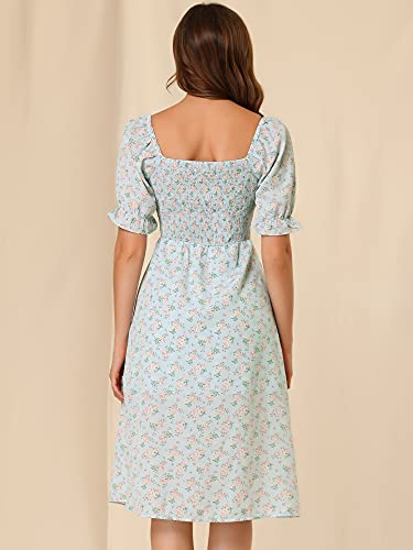 Allegra K Women's Square Neck Puff Sleeves Casual Midi Smocked Floral Dress X-Small Blue