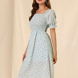 Allegra K Women's Square Neck Puff Sleeves Casual Midi Smocked Floral Dress X-Small Blue