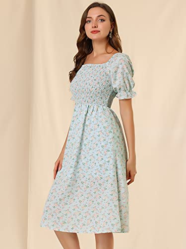 Allegra K Women's Square Neck Puff Sleeves Casual Midi Smocked Floral Dress X-Small Blue