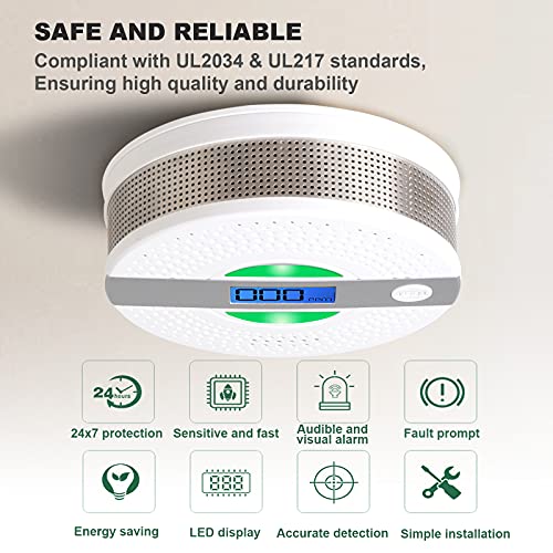 Smoke and Carbon Monoxide Detector Battery Powered Dual Sensor Combination Smoke & CO Alarm with LCD Screen, Led Indicator and Loud Sound Alert, Complies with UL 217 & UL 2034 Standards