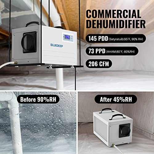 BLUEDEEP Basement/Crawl Space Dehumidifier,145 Pints (Saturation) 70 Pints Auto Defrost Commercial Dehumidifier with Drain Hose for Water Damage Storage,5 Years Warranty