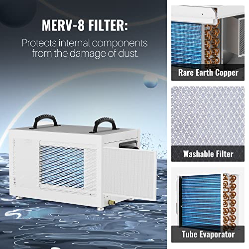 BLUEDEEP Basement/Crawl Space Dehumidifier,145 Pints (Saturation) 70 Pints Auto Defrost Commercial Dehumidifier with Drain Hose for Water Damage Storage,5 Years Warranty