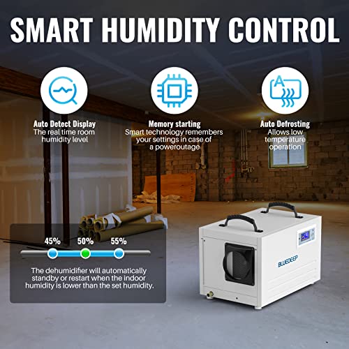 BLUEDEEP Basement/Crawl Space Dehumidifier,145 Pints (Saturation) 70 Pints Auto Defrost Commercial Dehumidifier with Drain Hose for Water Damage Storage,5 Years Warranty