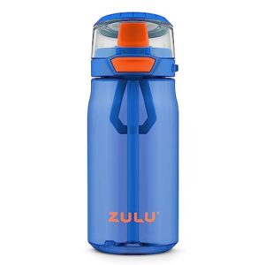 zulu kids flex 16oz tritan plastic water bottle with silicone spout, leak-proof locking flip lid and soft touch carry loop for school backpack, lunchbox, and outdoor sports, blue