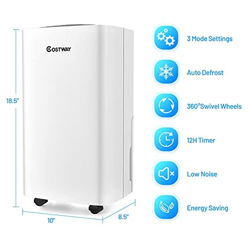 COSTWAY Dehumidifier for Large Room and Basements, 1500 Sq. Ft Portable 24 Pints Dehumidifier with 3 Modes, 2 Speeds, 12H Timer, Auto or Manual Drainage, 0.5 Gallon Water Tank, 4 Wheels for Home and Basements