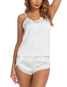 ekouaer women's pajama set silk bridal lingerie v neck satin sleep shorts and tops 2 piece lounge set white