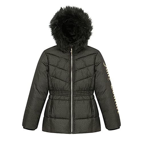 Juicy Couture Girls Puffer Jacket, Laminated Bubble Kids Coat with Fur Hoodie, Black, Small