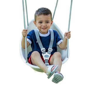 swurfer coconut toddler swing – comfy baby swing outdoor, 3- point adjustable safety harness, secure, safe quick locking system, blister-free rope, easy installation, ages 9 months and up, ivo, white