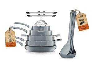 nutrichef kitchenware cookware, non-stick pans and pots with foldable knob, space saving, stackable, nylon -tools, induction base, gray (17-piece set), one size