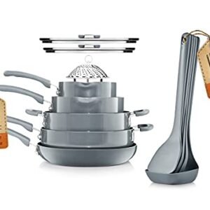 NutriChef Kitchenware Cookware, Non-Stick Pans and Pots with foldable Knob, Space Saving, Stackable, Nylon -Tools, Induction Base, Gray (17-Piece Set), One Size