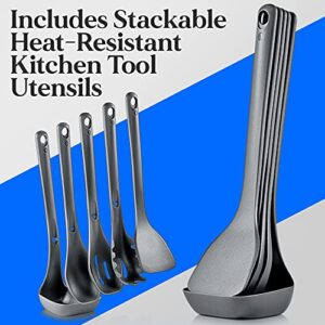 NutriChef Kitchenware Cookware, Non-Stick Pans and Pots with foldable Knob, Space Saving, Stackable, Nylon -Tools, Induction Base, Gray (17-Piece Set), One Size