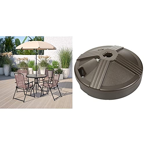 Flash Furniture Nantucket 6 Piece Brown Patio Garden Set with Umbrella Table and Set of 4 Folding Chairs & US Weight Fillable Umbrella Base Bronze, 3.5 pounds