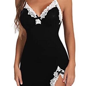 Aranmei Women Sexy Lace Chemise Nightgown Sleepwear V Neck Full Slip Babydoll Lingerie Sleep Dress(Black Large)