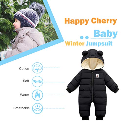 Happy Cherry Baby Infant Down Jumpsuit One Piece Windproof Jacket Hooded Zipper Romper Winter Puffer Snowsuit Soft One Piece Warm Coat for Boys Girls Black 12-18 Months