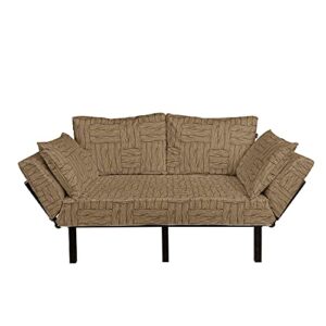 ambesonne rustic futon couch, wooden texture pattern in cartoon drawing style abstract parquet floor design, daybed with metal frame upholstered sofa for living dorm, loveseat, pale brown black