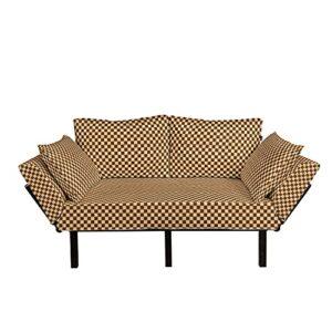 ambesonne checkered futon couch, empty checkerboard wooden seem mosaic texture image chess game hobby theme, daybed with metal frame upholstered sofa for living dorm, loveseat, brown pale brown