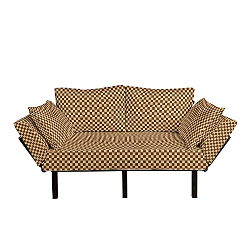 Ambesonne Checkered Futon Couch, Empty Checkerboard Wooden Seem Mosaic Texture Image Chess Game Hobby Theme, Daybed with Metal Frame Upholstered Sofa for Living Dorm, Loveseat, Brown Pale Brown