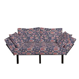 lunarable modern futon couch, wooden floral backdrops with geometric circles shapes print, daybed with metal frame upholstered sofa for living dorm, loveseat, warm taupe dried rose