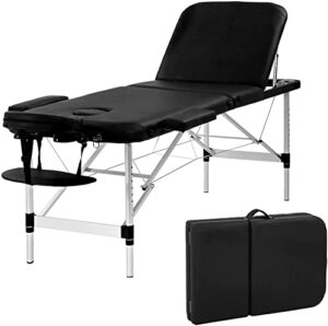 massage table portable massage bed 3 folding 73 inch height adjustable aluminium salon bed carry case tattoo table facial bed hold up to 450lbs (black)