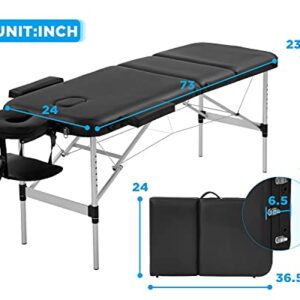 Massage Table Portable Massage Bed 3 Folding 73 Inch Height Adjustable Aluminium Salon Bed Carry Case Tattoo Table Facial Bed Hold Up to 450LBS (Black)