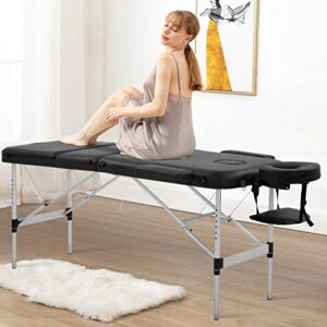 Massage Table Portable Massage Bed 3 Folding 73 Inch Height Adjustable Aluminium Salon Bed Carry Case Tattoo Table Facial Bed Hold Up to 450LBS (Black)