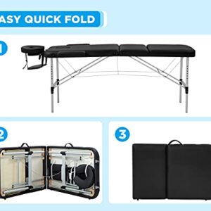 Massage Table Portable Massage Bed 3 Folding 73 Inch Height Adjustable Aluminium Salon Bed Carry Case Tattoo Table Facial Bed Hold Up to 450LBS (Black)