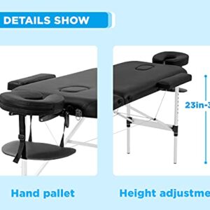 Massage Table Portable Massage Bed 3 Folding 73 Inch Height Adjustable Aluminium Salon Bed Carry Case Tattoo Table Facial Bed Hold Up to 450LBS (Black)