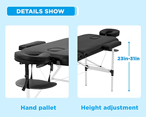 Massage Table Portable Massage Bed 3 Folding 73 Inch Height Adjustable Aluminium Salon Bed Carry Case Tattoo Table Facial Bed Hold Up to 450LBS (Black)