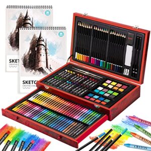 popyola art supplies, deluxe wood art set for artist, various painting supplies, including crayons, colored pencils, oil pastels, watercolor cakes, and all the tools you need.