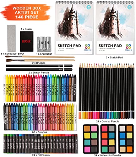 POPYOLA Art Supplies, Deluxe Wood Art Set for Artist, Various Painting Supplies, Including Crayons, Colored Pencils, Oil Pastels, Watercolor Cakes, and All The Tools You Need.