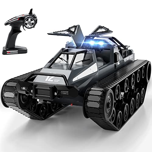 Supdex RC Tank Car, 1:12 Remote Control Crawler 12KM/H High Speed Tank, 2.4Ghz RC Rock Crawler Off-Road 4WD 360°Rotating Drifting Car with Rechargeable Battery,Military Truck Toy for Adults and Kids