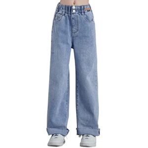 yayabroe kids girls ripped jeans washed elastic waist wide leg baggy pants size 5-14 years (light blue, 12-13 years)