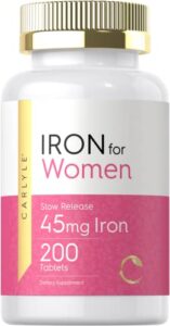 iron pills for women | 45mg | 200 slow release tablets | vegetarian, non-gmo, gluten free supplement | by carlyle