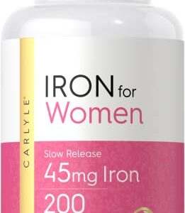 Iron Pills for Women | 45mg | 200 Slow Release Tablets | Vegetarian, Non-GMO, Gluten Free Supplement | by Carlyle