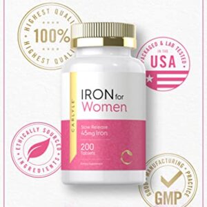 Iron Pills for Women | 45mg | 200 Slow Release Tablets | Vegetarian, Non-GMO, Gluten Free Supplement | by Carlyle